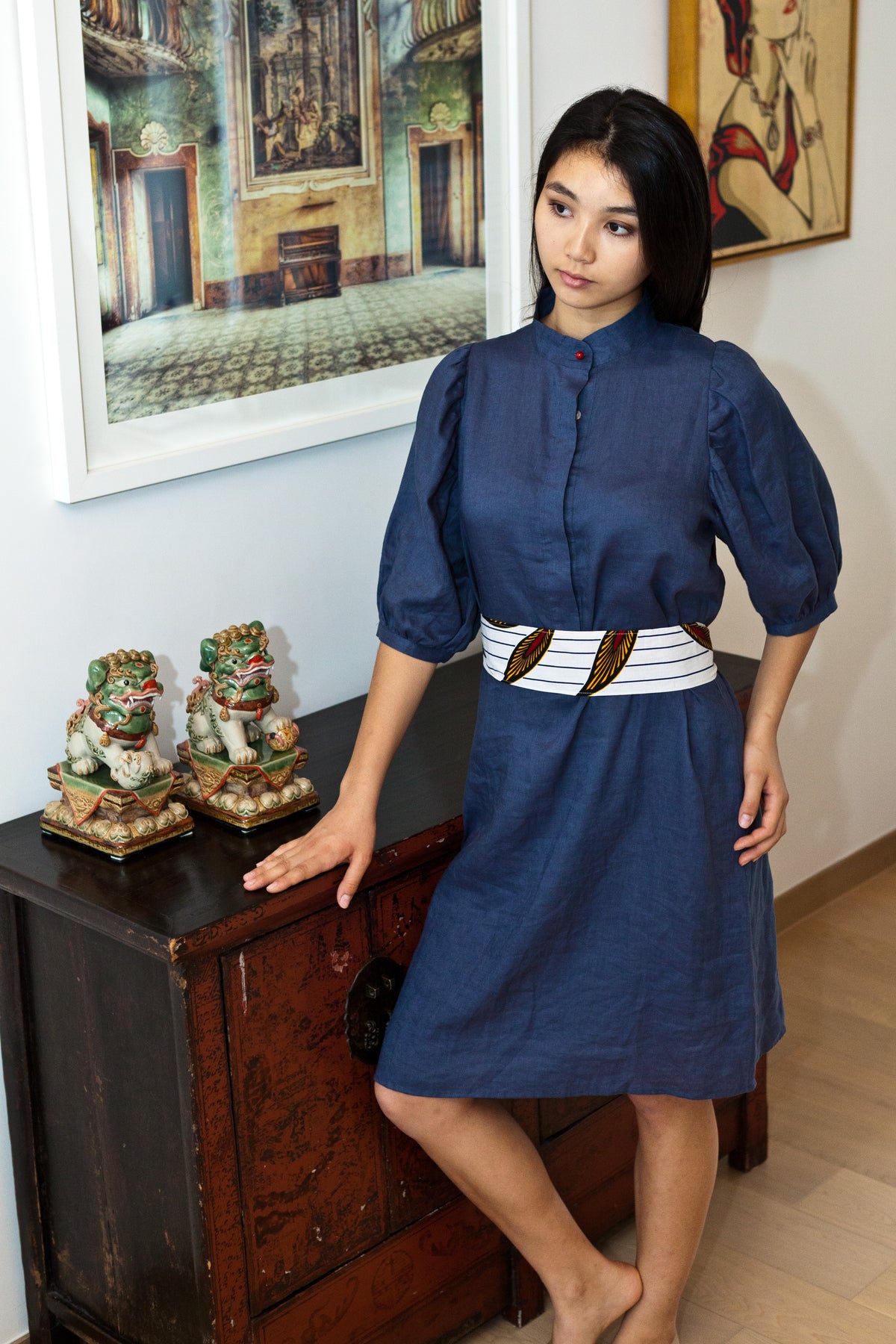 KyotoLinen Dress with coral button and African Cotton belt by The Tangerine Road KyotoLinen Dress with coral button and African Cotton belt by The Tangerine Road